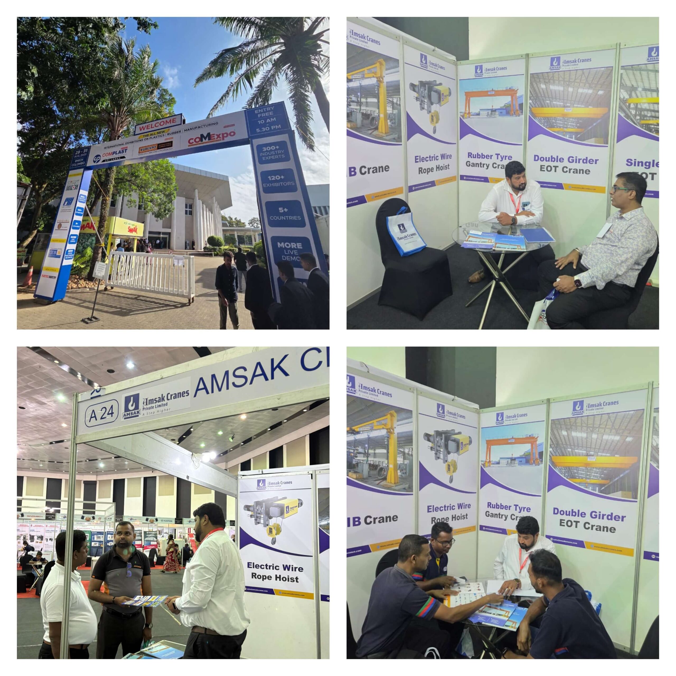 Amsak Cranes showcasing advanced material handling solutions at COMEXPO 2025, Hall B Stall B38, Colombo.