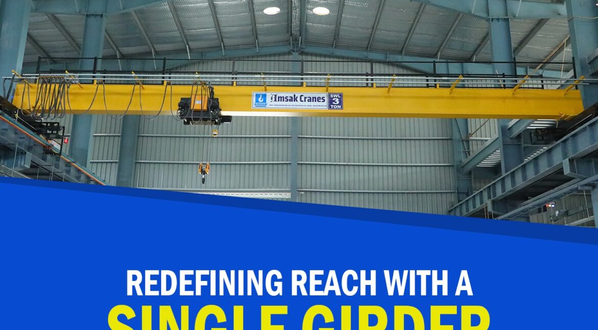 Amsak Cranes Single Girder EOT Crane Girder in an industrial warehouse, lifting heavy load efficiently and safely