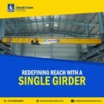 Amsak Cranes Single Girder EOT Crane Girder in an industrial warehouse, lifting heavy load efficiently and safely