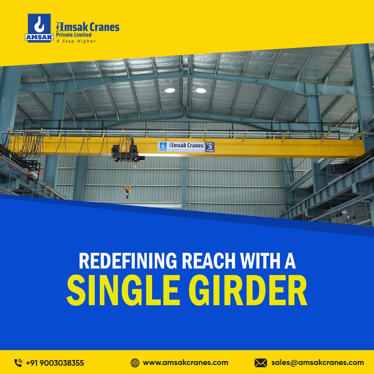 Amsak Cranes Single Girder EOT Crane Girder in an industrial warehouse, lifting heavy load efficiently and safely