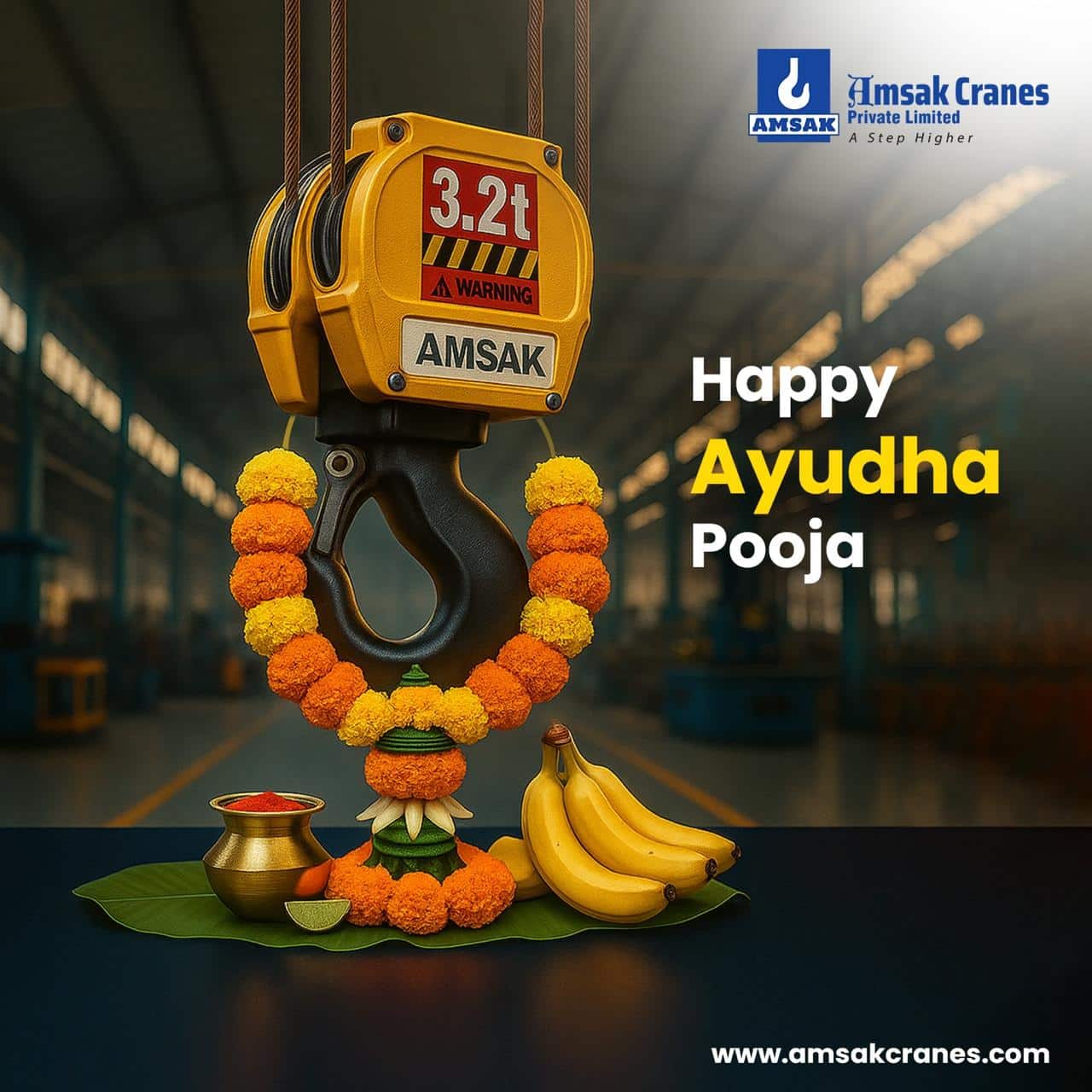Amsak Cranes team during Ayutha Pooja 2025 with decorated cranes and tools