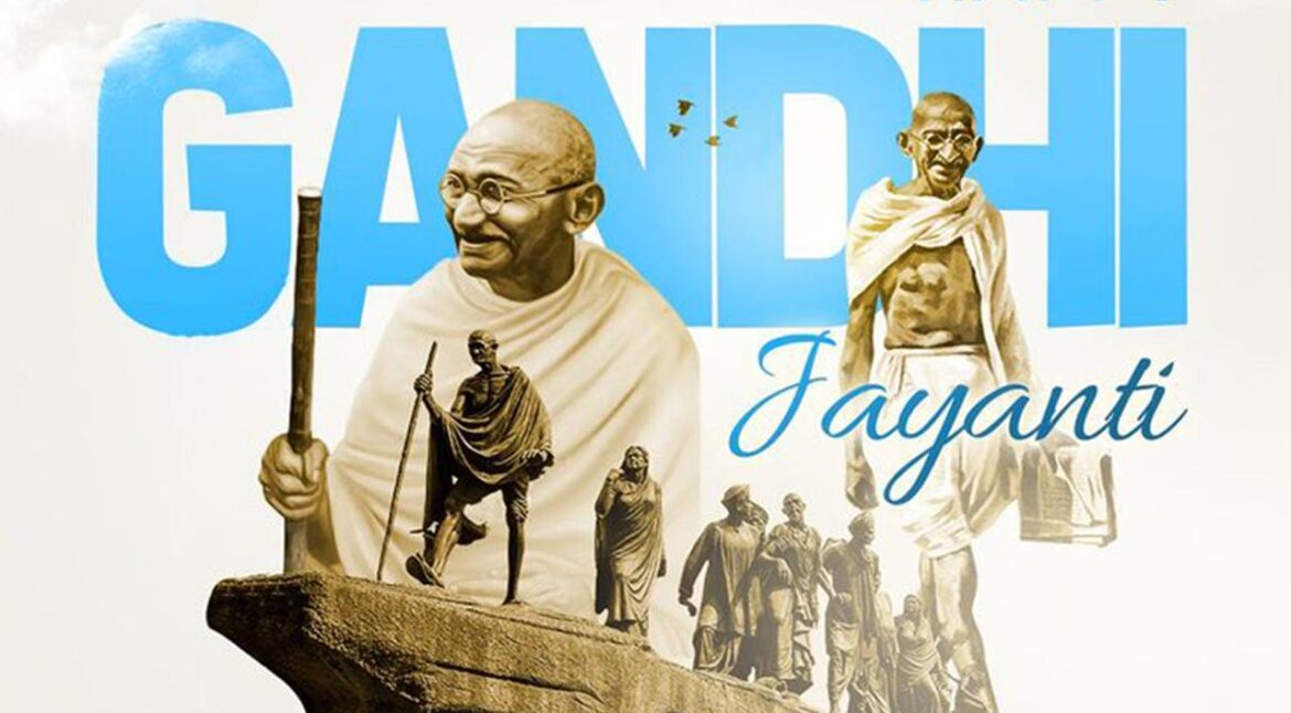 Portrait of Mahatma Gandhi with a subtle engineering-themed backdrop — Gandhi Jayanti 2025 celebration