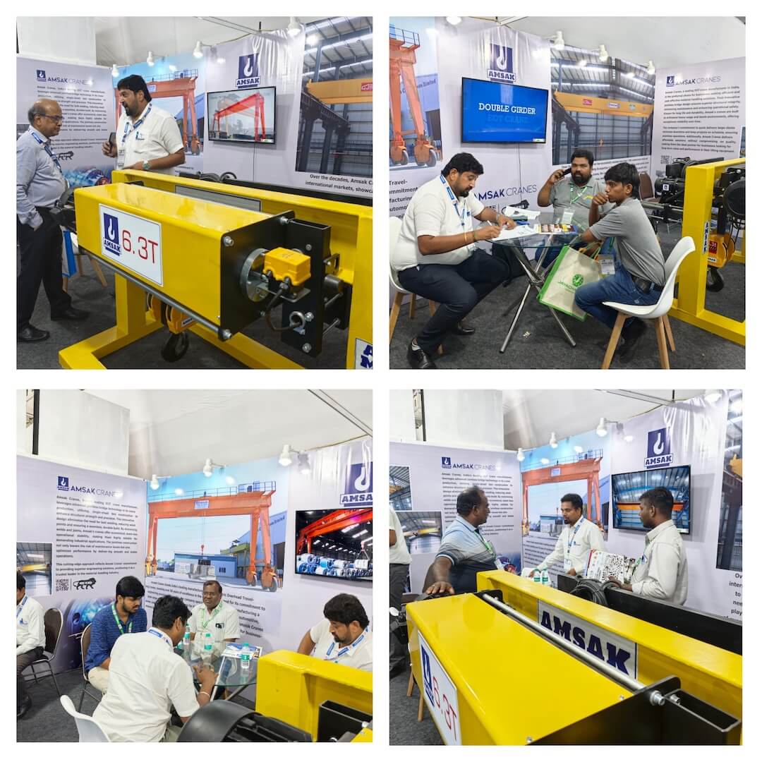 A photo collage showing the Amsak Cranes team interacting with visitors and showcasing equipment at their trade show booth during the final day of INTEC 2026.