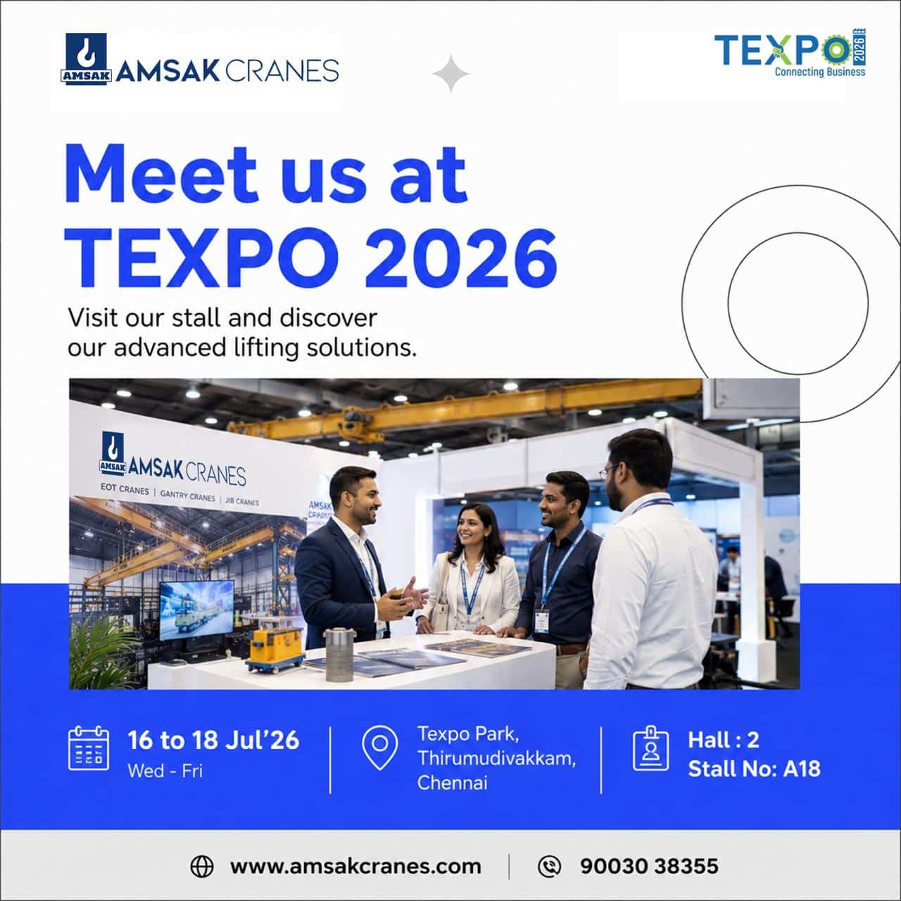 AMSAK Cranes at TEXPO 2026 in Chennai showcasing advanced EOT, Gantry and Jib crane solutions at Hall 2 Stall A18.