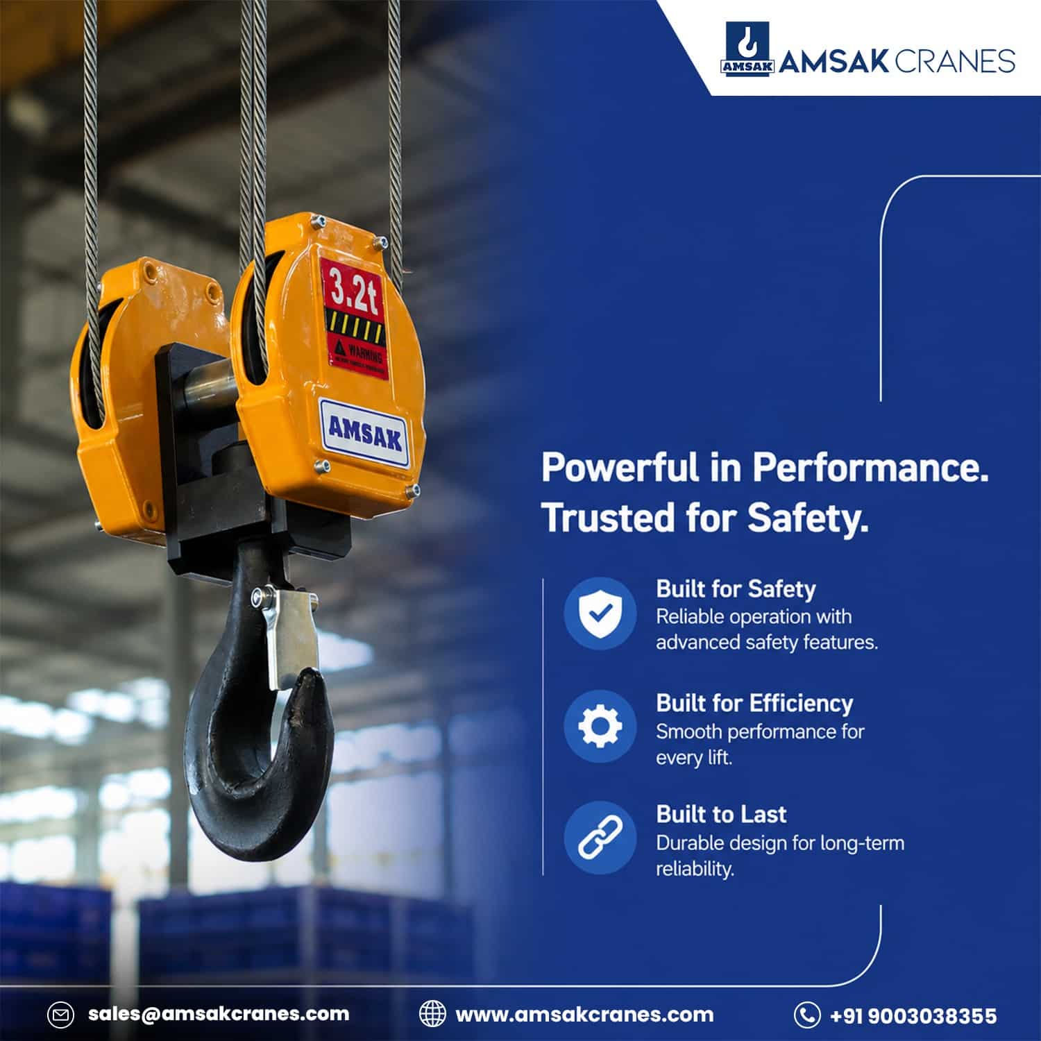 EOT crane hoist with hook for safe and efficient industrial lifting by Amsak Cranes