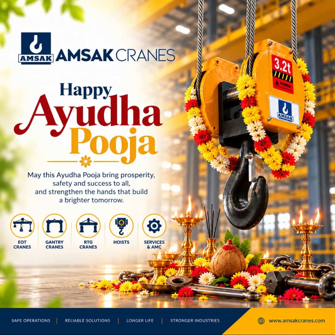 Happy Ayudha Pooja 2026 wishes from Amsak Cranes featuring an industrial crane decorated with flowers. Copy Alt Text